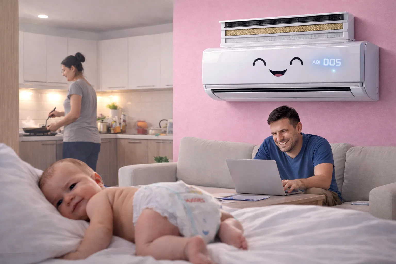Family in a living room with a clean-air AC, concept